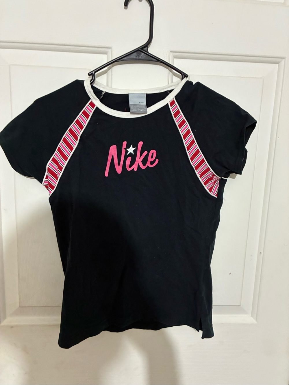 Nike Black Tee with Pink Logo and Striped Accents